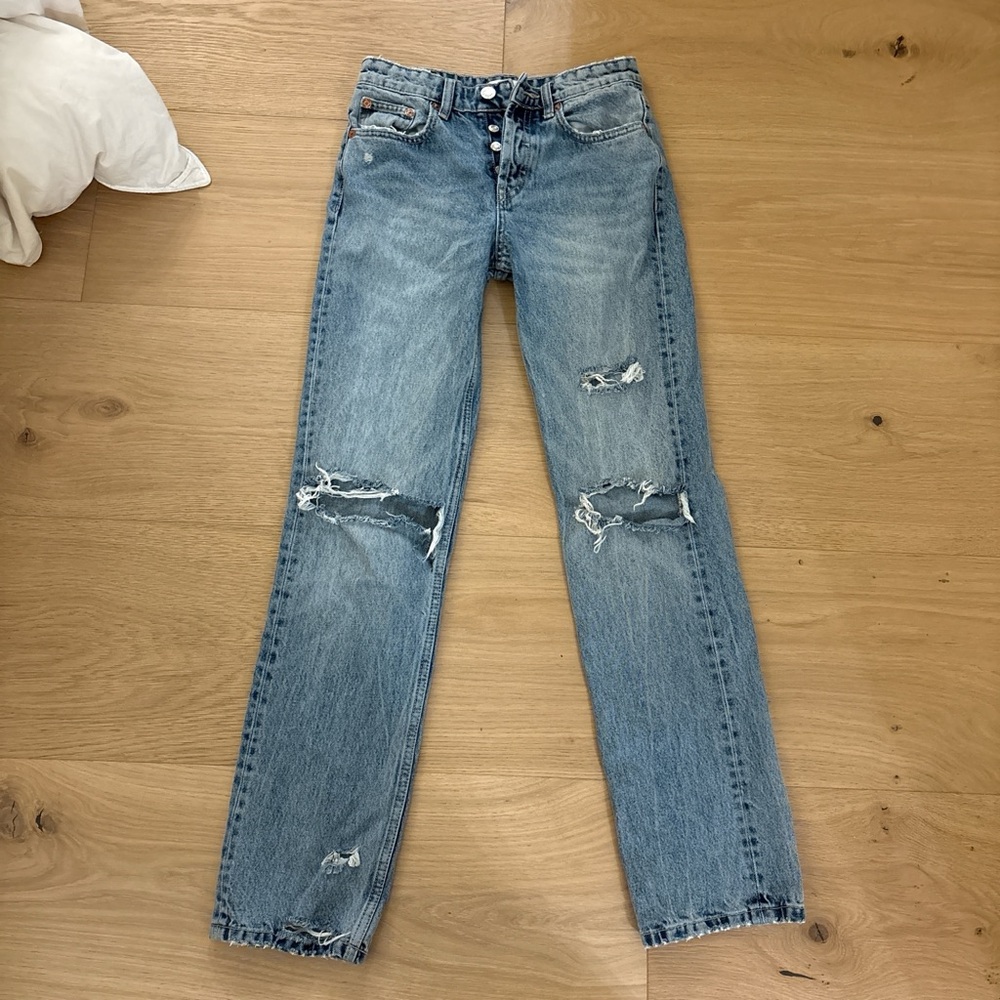Zara Light Blue High Rise Distressed Jeans